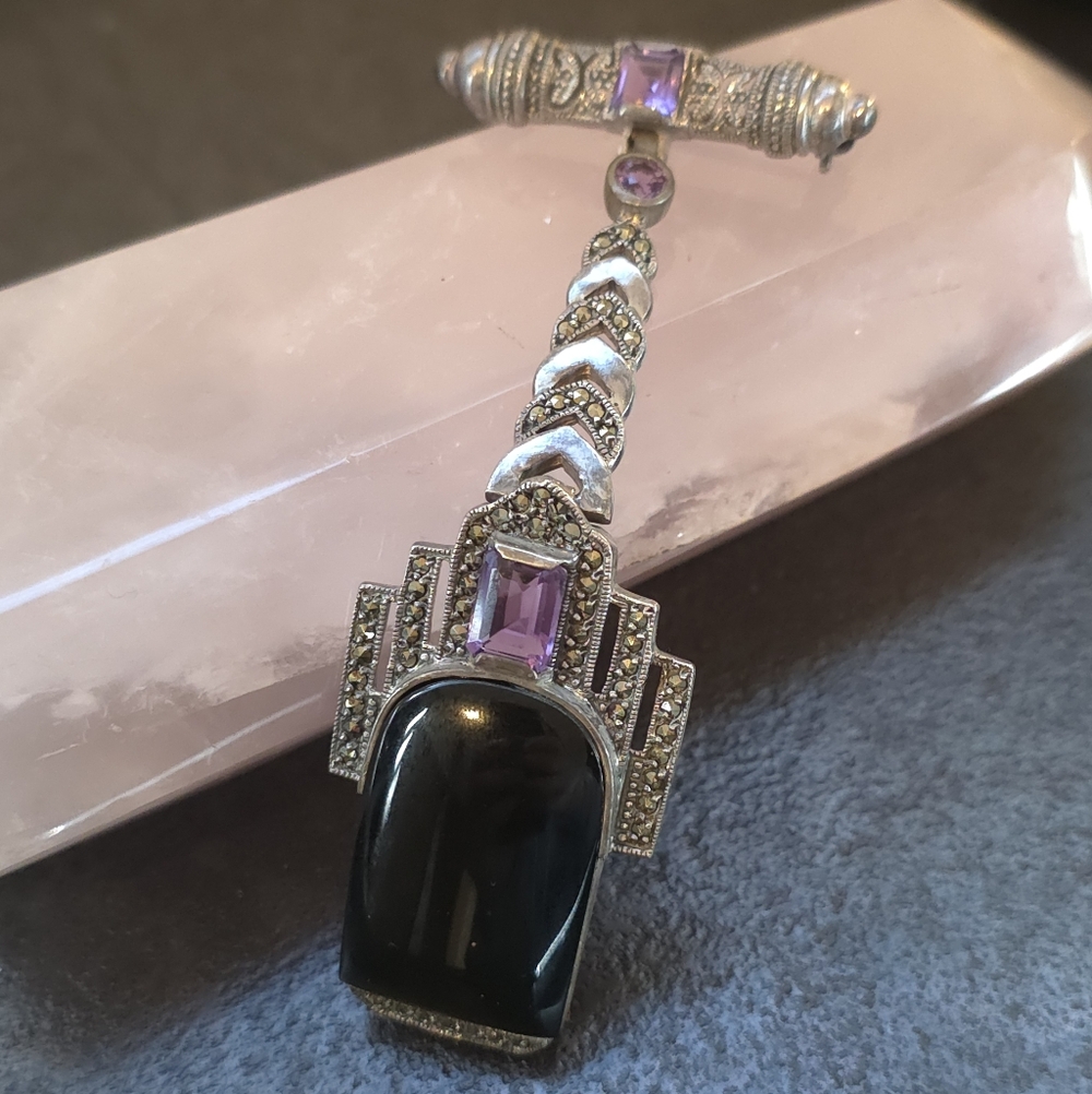 Art Deco Amethyst Onyx And Marcasite 925 SR Brooch